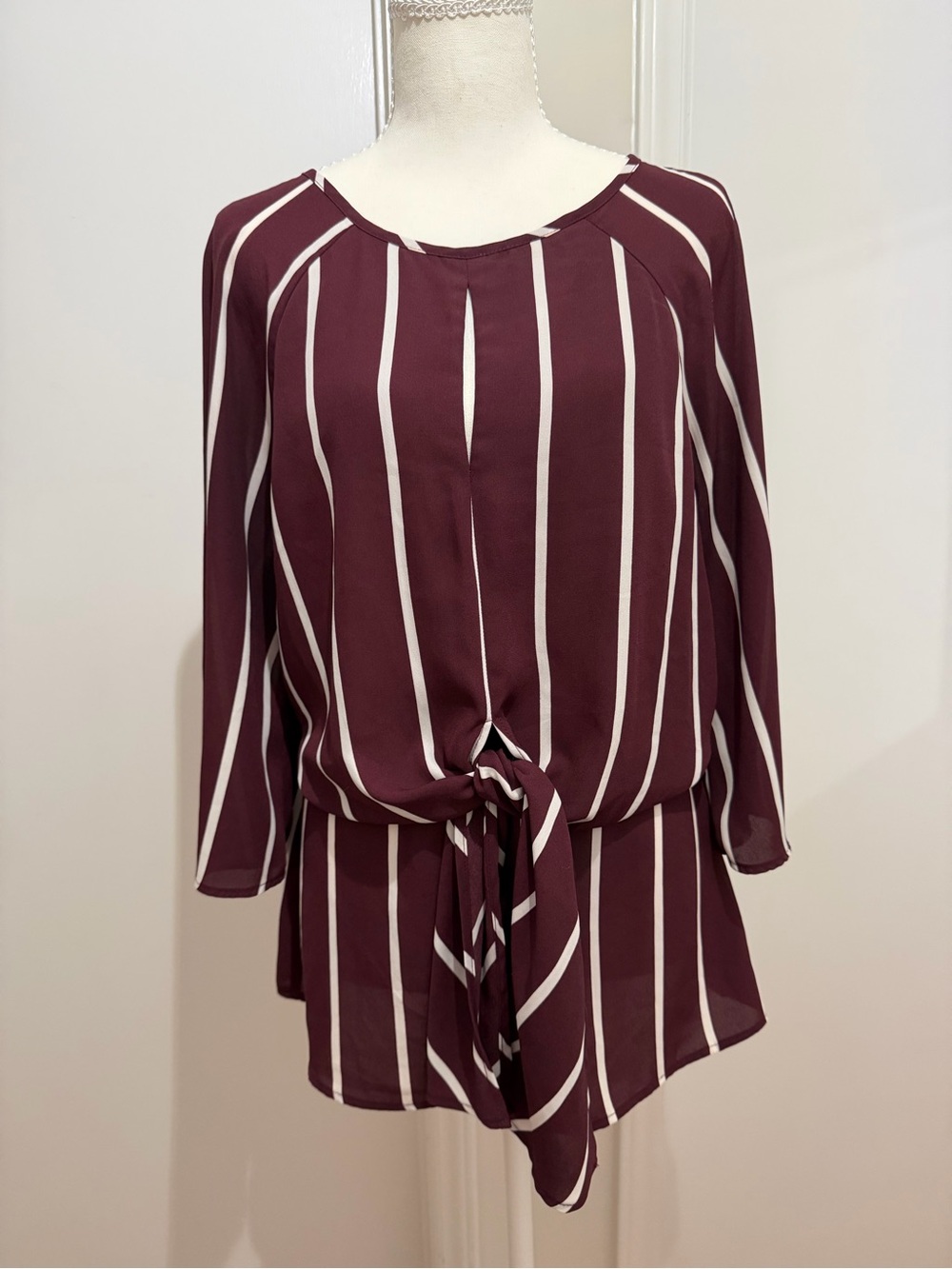 Luxology Burgundy and White Striped Tie-Front Blouse